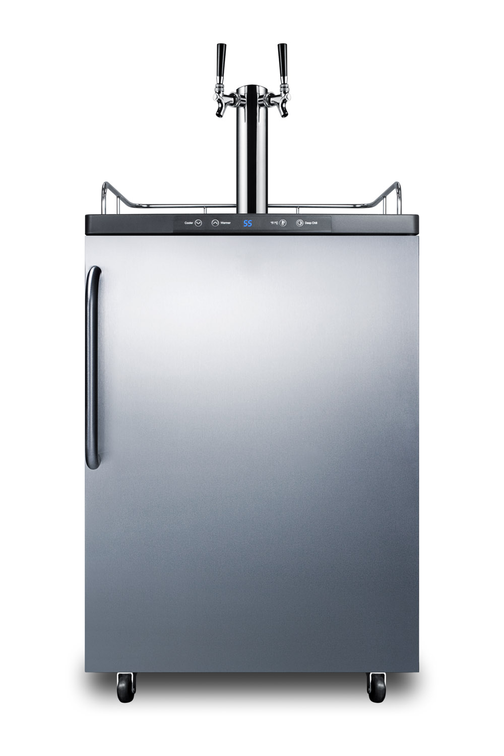 Freestanding residential beer dispenser, auto defrost with digital thermostat, stainless steel wrapped door, towel bar handle and black cabinet